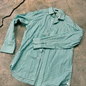 Turquoise/green gingham spread collar dress shirt, J. Crew, size Small